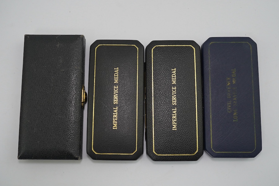 Four ERII service medals; Imperial Service medal to Alexander Manuel, another to Sydney John Jeffery (Technician Class IIA, Telecommunications Headquarters; Civil Defence Long Service unnamed; Territorial Efficiency Deco